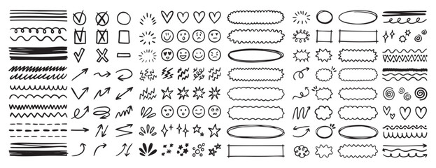 doodle underline emphasis scribble elements line hand drawn set. doodle brush shapes stroke highlight sparkle and arrow elements. childish drawing kids style. © Yanka