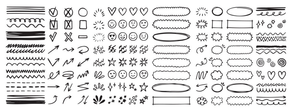 doodle underline emphasis scribble elements line hand drawn set. doodle brush shapes stroke highlight sparkle and arrow elements. childish drawing kids style.