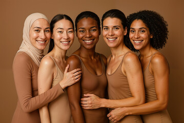 Fototapeta premium Portrait of Five Smiling Women of Diverse Backgrounds United in Natural Harmony on a Beige Background