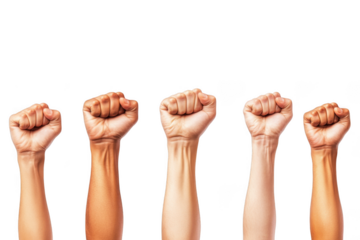 Five raised fists isolated on transparent background