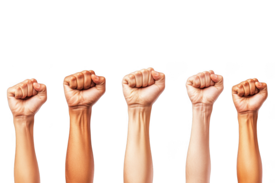 Five raised fists isolated on transparent background