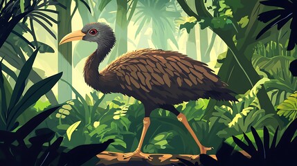 Obraz premium A large bird strolls through a lush jungle.