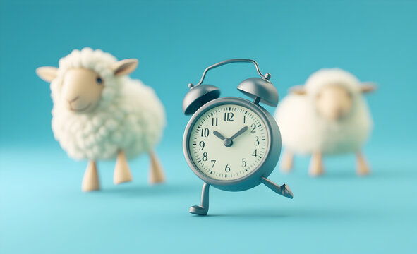 Funny Walking Alarm Clock and Two Cartoon Sheep on Blue Background Symbolizing Wake-Up Time and Sleep Routine