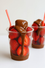 Fresh strawberries covered with milk chocolate, in a transparent plastic cup with disposable spoon. Dessert on white background.