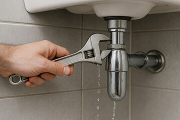 A hand with a wrench fixing a leaky pipe under the sink. Fixing leaks, home plumbing repairs, plumbing maintenance.