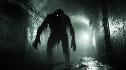 Creepy Monster in a Dark Tunnel with Glowing Eyes and Mysterious Atmosphere