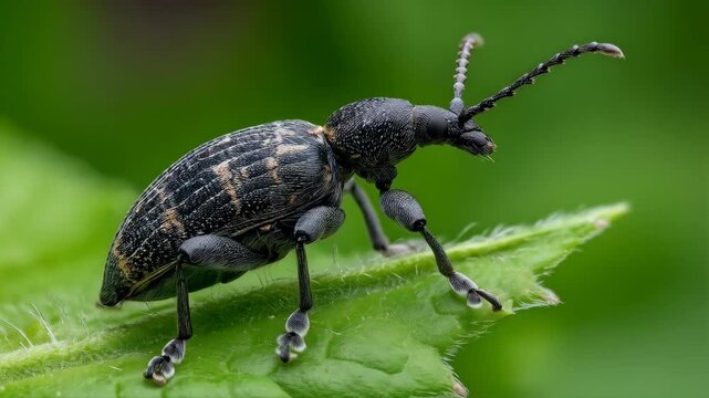 Close-up of a black weevil with gray markings sitting on a vibrant green leaf in a garden, showcasing its intricate features.