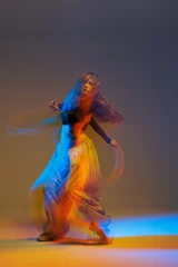 Peel and stick wall murals Modern jazz-funk dancer captured mid-motion with expressive blur and neon light trails, highlighting fluidity, color, and movement in an energetic studio performance.