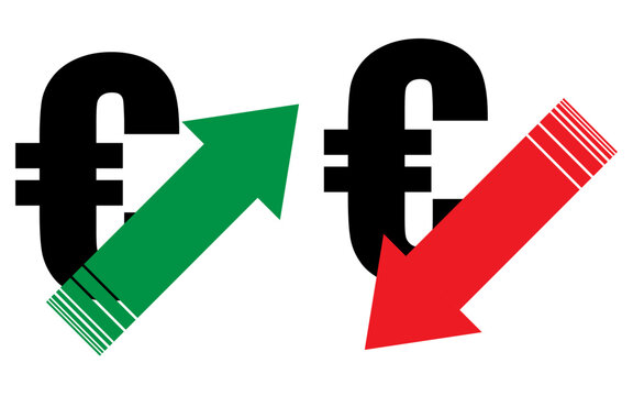 Euro value increase and decrease concept with arrow sign, Euro value increase, Euro value decrease	