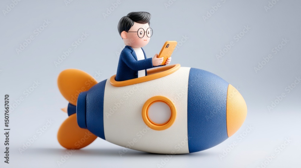 Poster a cartoon character piloting a colorful rocket while using a smartphone symbolizing innovation