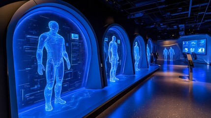 Virtual event studio features futuristic mural of holograms and screens merging with human interactions symbolizing innovation in online gatherings Neon blues blacks and silvers add a tech savvy edge