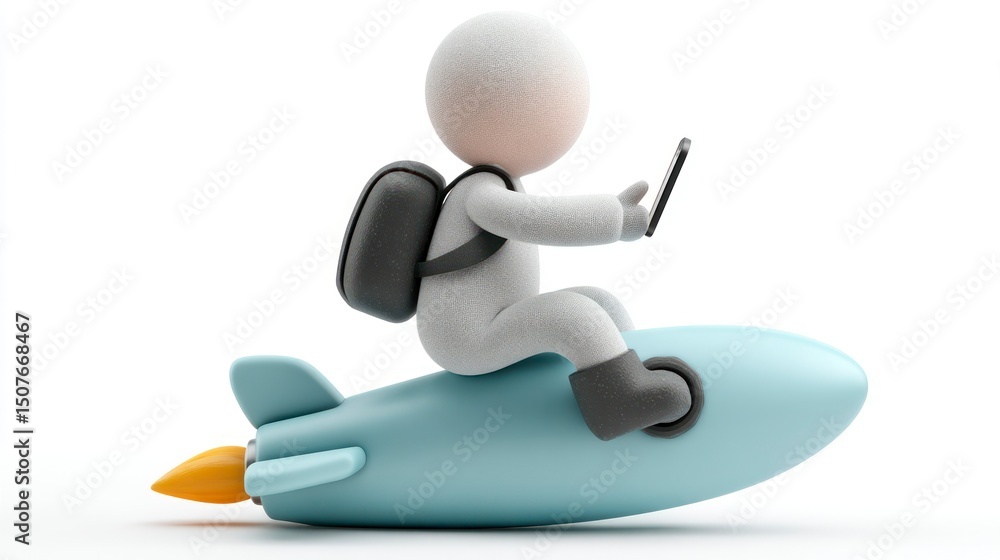 Poster 3d character riding rocket using smartphone fast speed innovation technology success