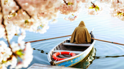 Obraz premium Person in a boat enjoying a tranquil moment on a reflective lake
