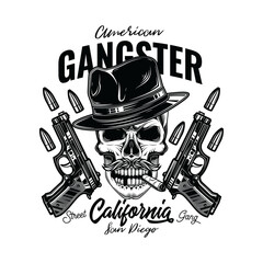 Original illustration in retro style. Evil skull bandit in a hat on the background of two pistols and bullets. T-shirt or sticker design.