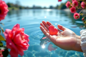 Flower and river view. Valentine's Day illustration. Hand holding red heart on the lake. Blurred nature background. Greeting card illustration.