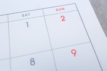 カレンダー　土曜と日曜のクローズアップ