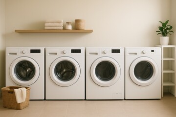 A Neatly Organized Laundry Room with Washing Machines and Dryers Clean Simple Background
