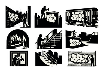 Naklejka premium Urban graffiti silhouettes icons set – street art, tagging and wall spray symbols