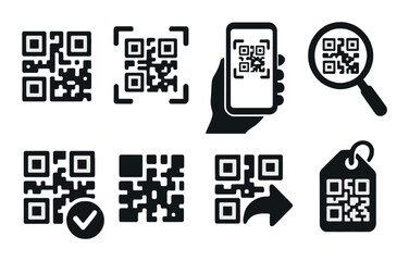 Qr code silhouette icons set – simple, barcode and scanner graphics