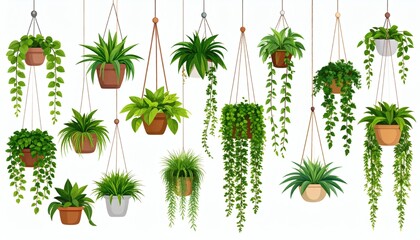 Collection of indoor hanging leafy plants high resolution photo
