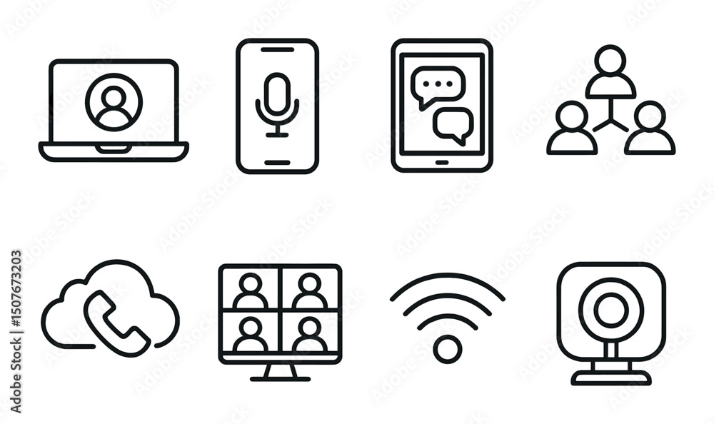 Poster remote communication line icons set – connections, chat and networking symbols