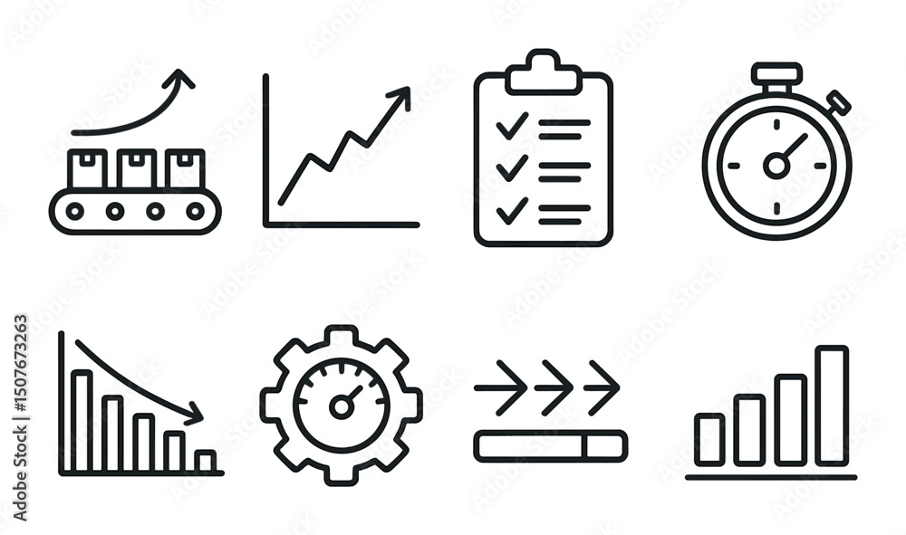 Poster manufacturing performance outline icons set – productivity, efficiency and progress symbols