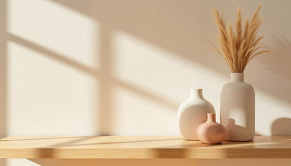 Minimalist vases with dried flowers on wooden table in soft light  