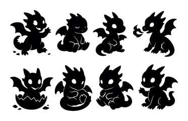Baby dragon silhouette icons set &ndash; mythical, fantasy and creature graphics