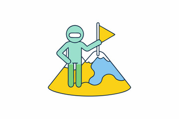 Person standing on mountain peak holding flag success achievement