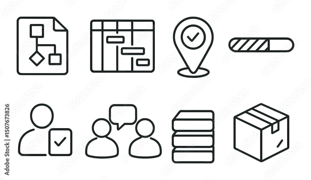Poster project workflow line icons set – outline, process, and management symbols