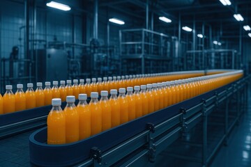 Conveyor Belt Juice in Bottles Beverage Factory Interior Blue Color Industrial Production Line