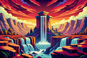 Abstract waterfalls orange and red background liquid surface light rays nature water background vector