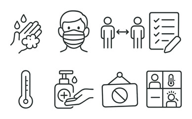 Health and safety silhouette icons set – outline, wellness and prevention symbols