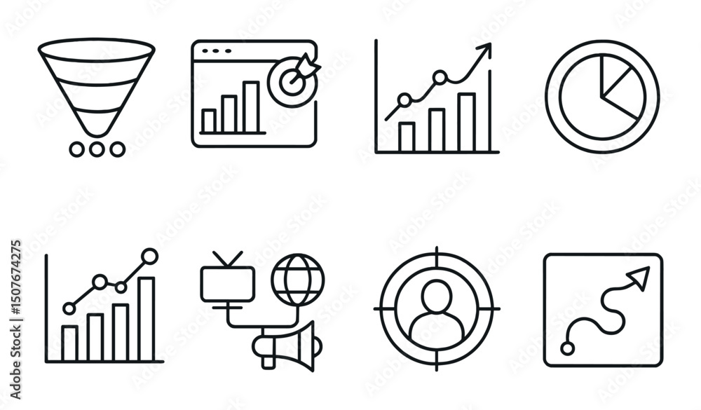 Aufkleber marketing infographic linear icons set – simple analytics and data visualization symbols
