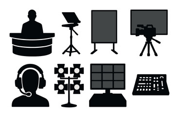 Newsroom silhouette icons set – media, broadcasting, and journalism symbols