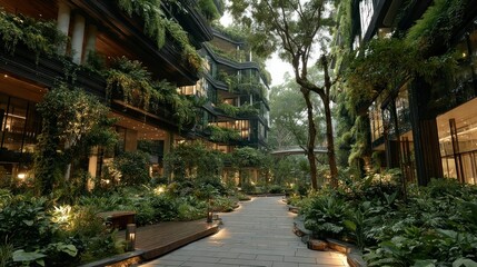 Lush Greenery and Modern Architecture Blend in a Serene Urban Oasis Featuring Sustainable Desi