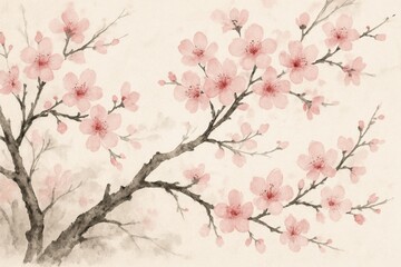 Obraz premium Delicate Pink Sakura Cherry Blossom Branches in Traditional Japanese Ink Painting Style Springtime Floral Art