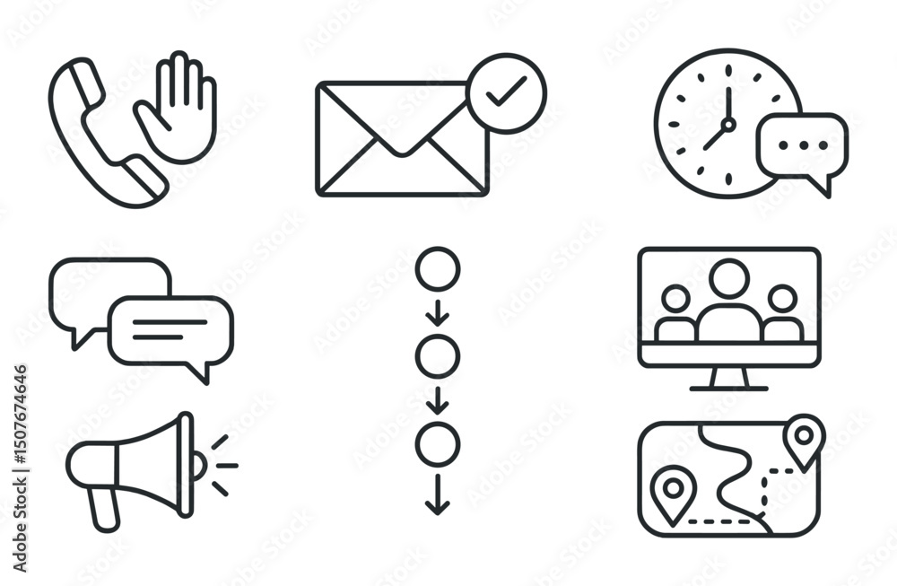 Poster communication protocol outline icons set – linear, messaging and networking symbols