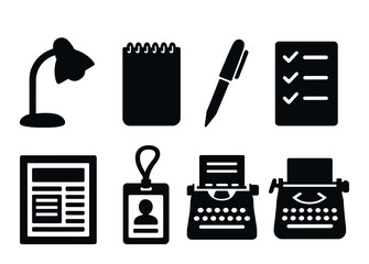 Editorial tools silhouette icons set – simple, writing and office essentials