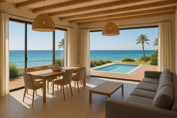 Naklejka premium Dining and Living Room with a Sea View in a Luxurious Summer Beach Home with a Pool