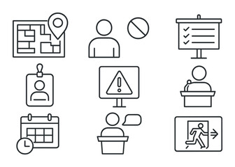 Event planning outline icons set – guideline, meeting and organizer symbols