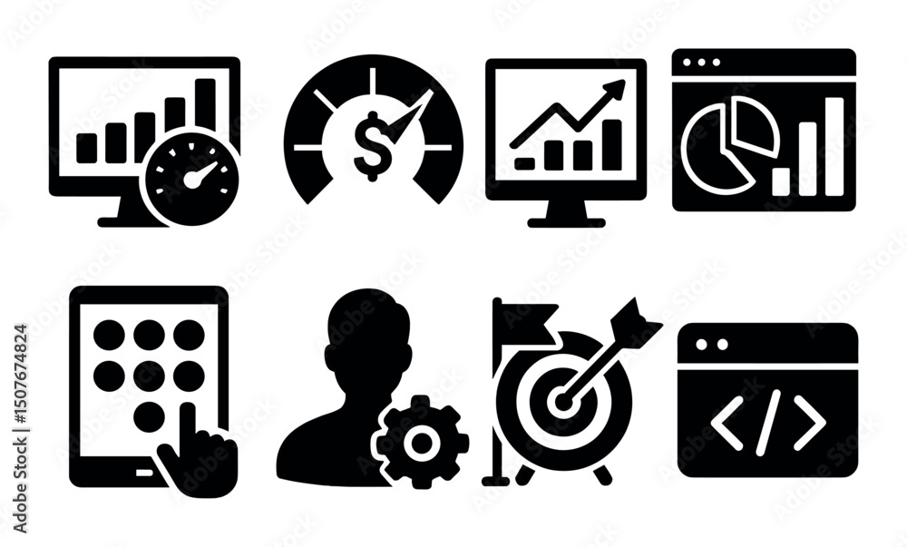 Poster kpi dashboard icons set – silhouette, performance metrics and analytics symbols