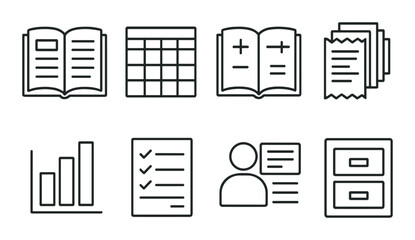 Bookkeeping essentials line icons set – outline, accounting and financial management symbols
