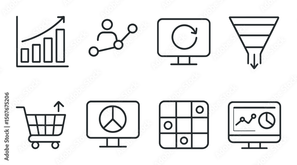 Poster ecommerce analytics icons set – outline, business insights and data visualization symbols