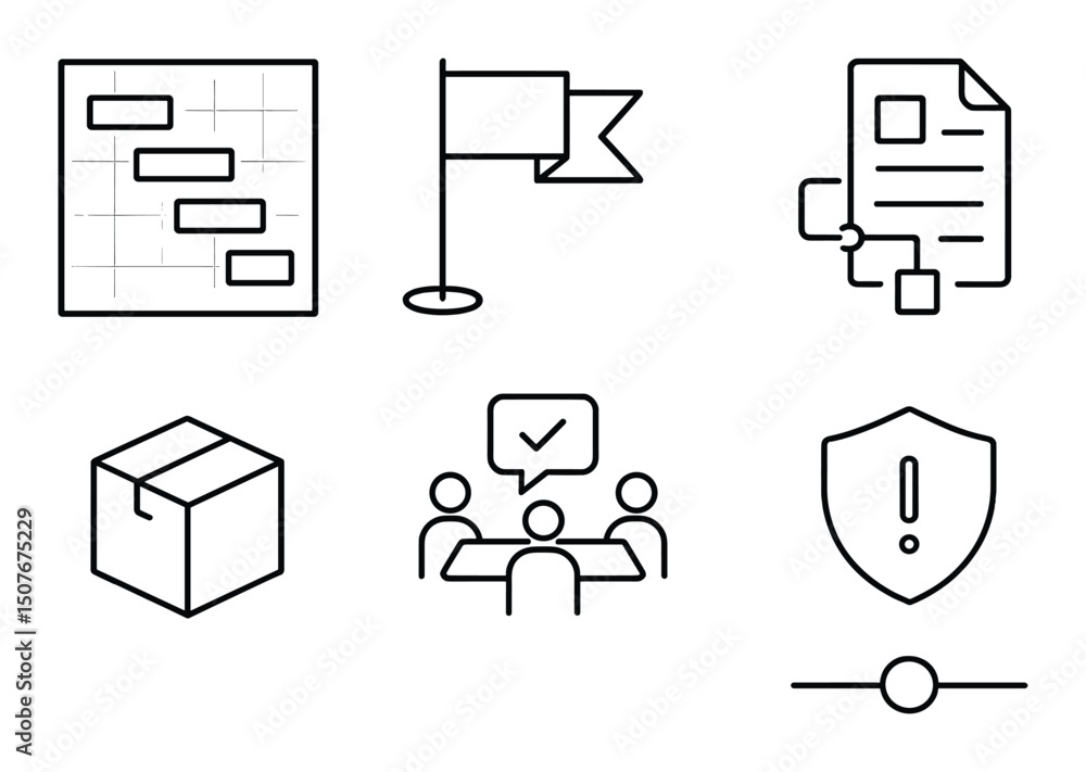 Aufkleber project management linear icons set – outline, planning and task tracking elements