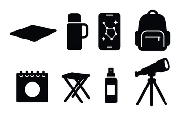 Skywatcher's essentials icons set - silhouette, stargazing, astronomy tools collection