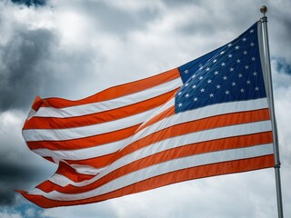 The American flag waves boldly in the wind beneath a moody sky, symbolizing strength, freedom, and...