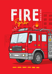 Vector artwork featuring a vibrant red fire engine and firefighting typography