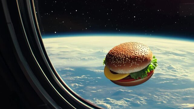 Floating burger orbiting earth: playful space food transformation