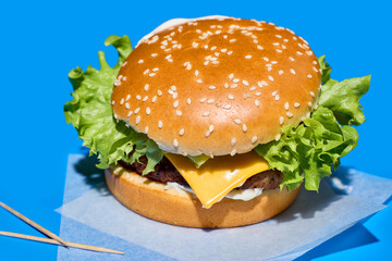 funny burger on blue background